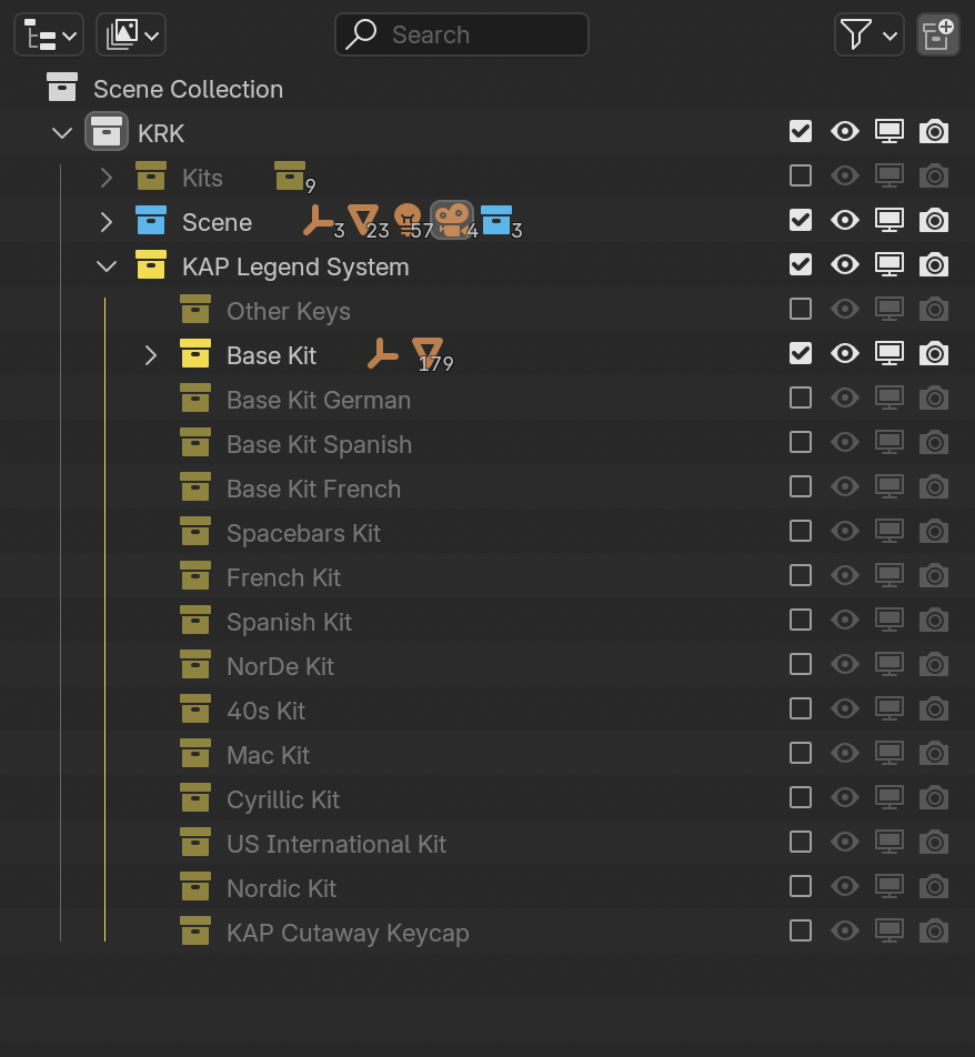 A screenshot from Blender showing the Outliner panel containing all the available KAP Legend System kits