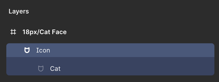 A screenshot of the Figma interface showing a set of layers for the cat icon