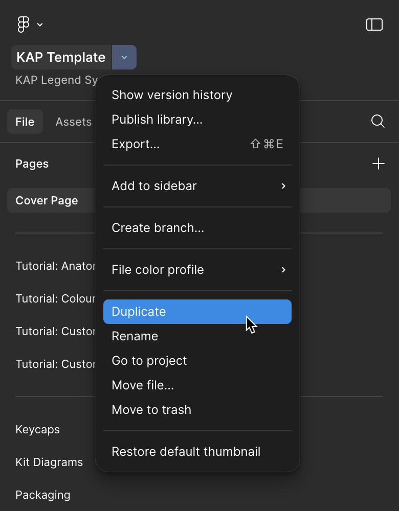 A screenshot from Figma showing the contextual menu to Duplicate a file