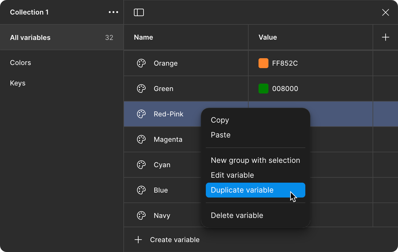 A screenshot from Figma of the variables panel, showing the context menu action for Duplicate highlighted