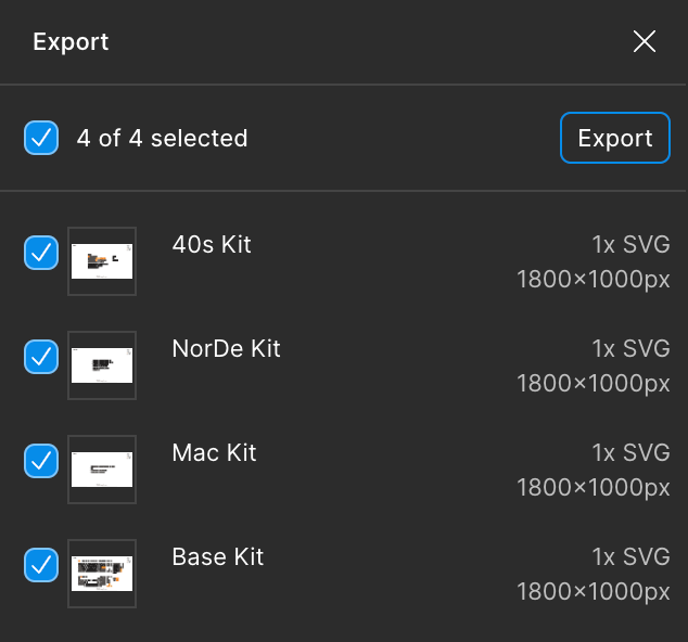 A screenshot from Figma showing the Export dialog