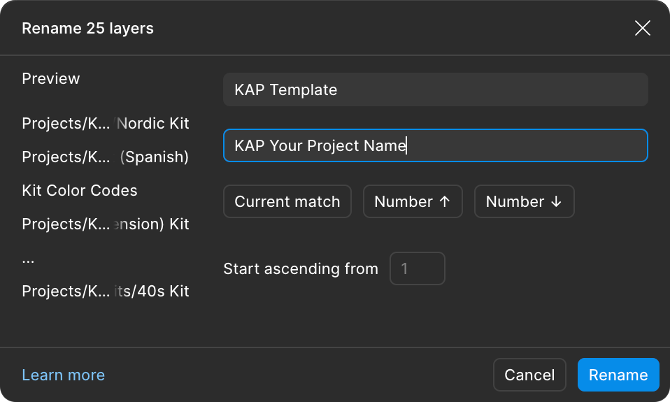 A screenshot of Figma’s rename layers dialog