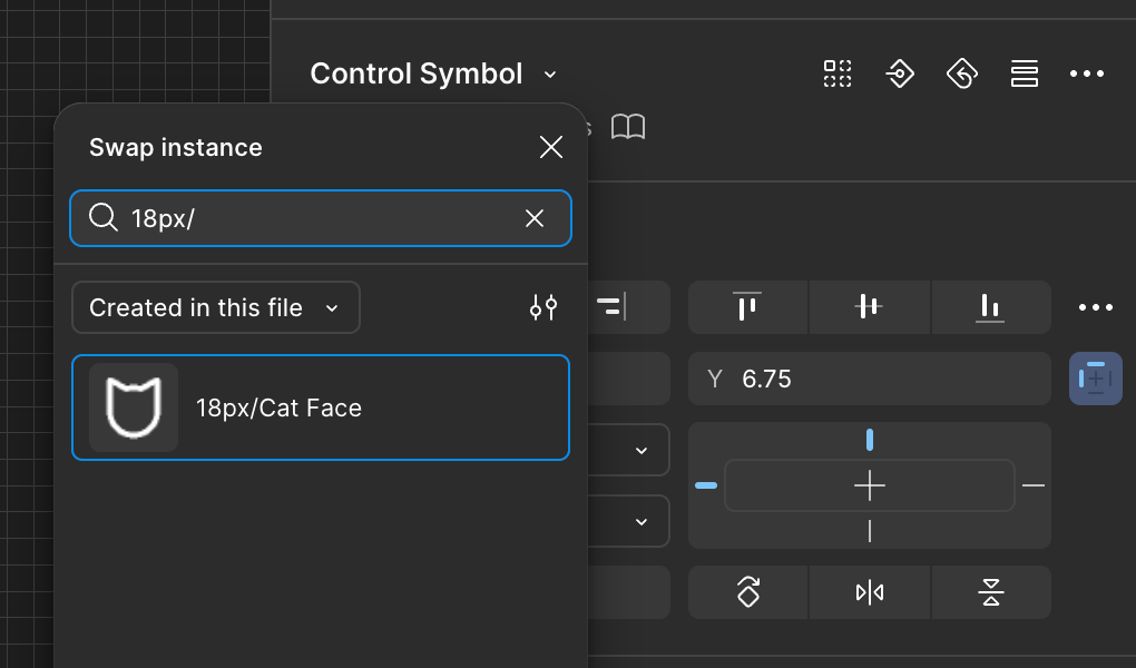 A screenshot of the Figma interface showing the Swap instance popover