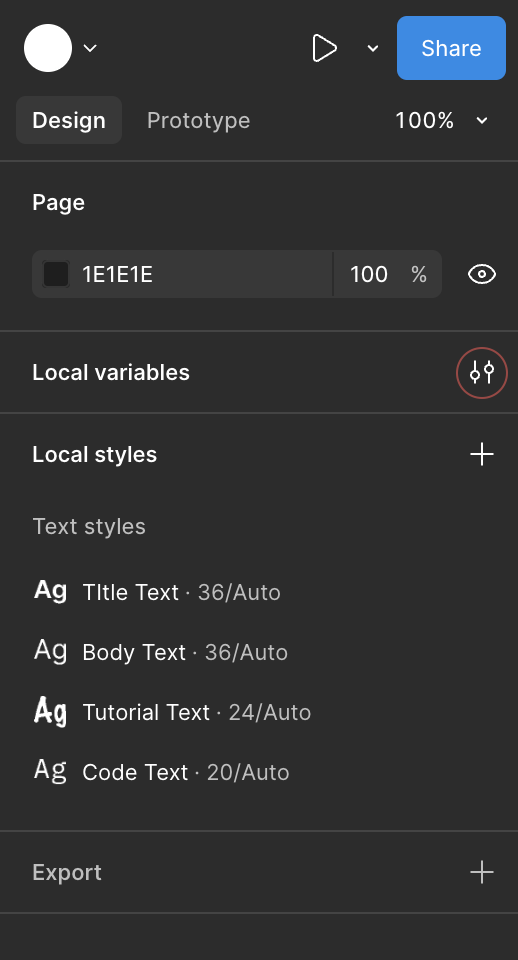 A screenshot from Figma showing the location of the Local variables icon