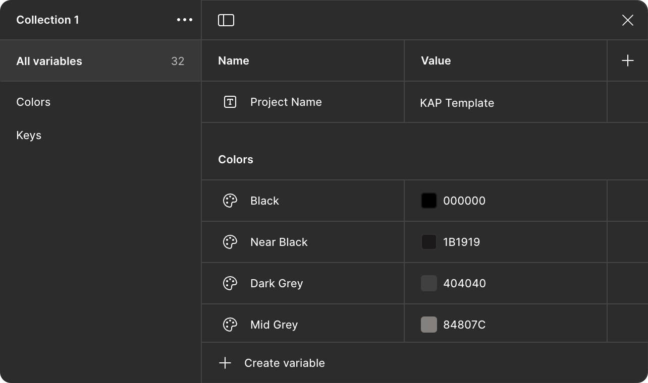 A screenshot from Figma showing the variables panel