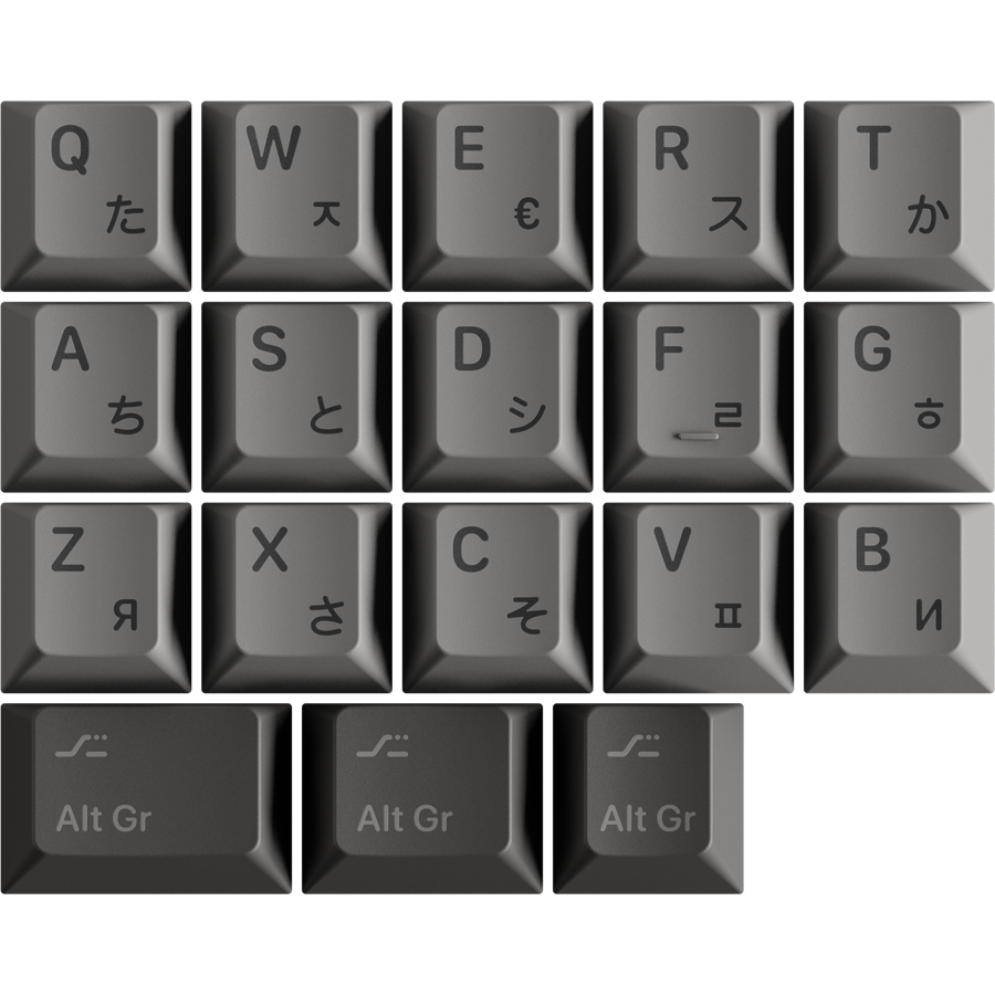 A rendered image showing several keycaps with international sublegends from KAP Legend System